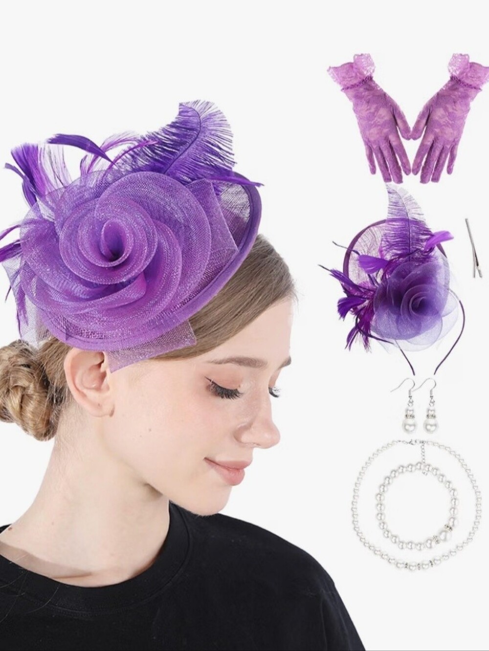 Purple fascinator hat, gloves, and pearl necklace set BNIB